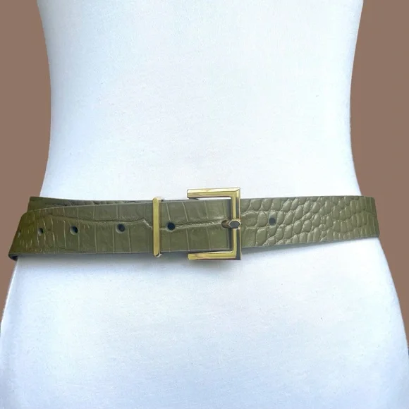 FRAME Square Buckle Olive Green Croc Embossed Skinny Leather Belt Size M - Picture 1 of 13